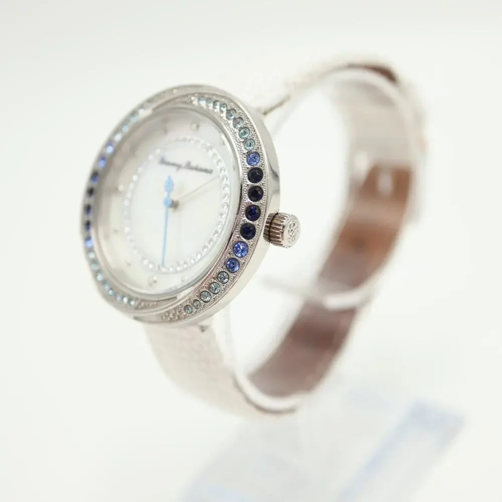 Tommy Bahama Silver Tone Blue Gem Set 35mm MOP Womens Watch Leather New Battery